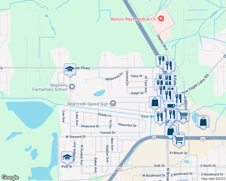 map of restaurants, bars, coffee shops, grocery stores, and more near 815 Wildwood Drive in Bartow