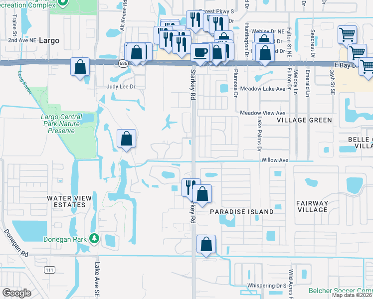 map of restaurants, bars, coffee shops, grocery stores, and more near 750 Starkey Road in Largo