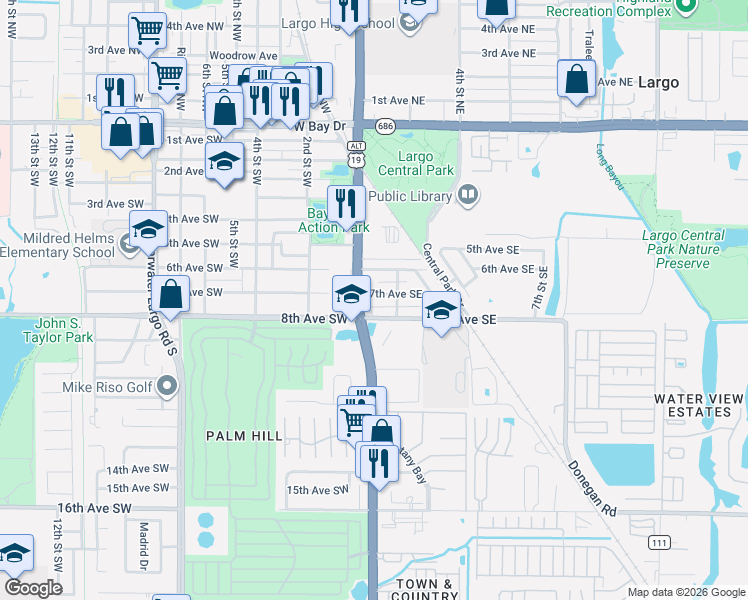 map of restaurants, bars, coffee shops, grocery stores, and more near 28 7th Avenue Southeast in Largo