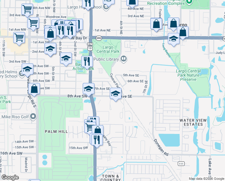 map of restaurants, bars, coffee shops, grocery stores, and more near 701 2nd Street Southeast in Largo