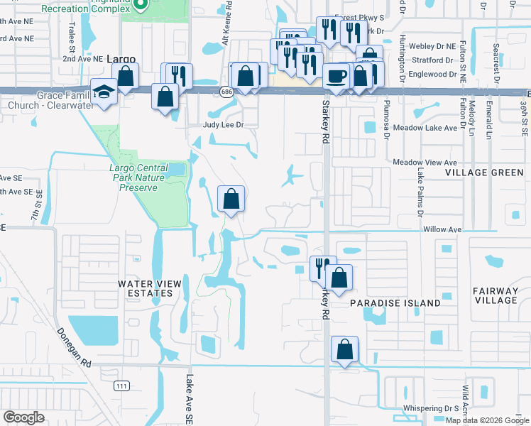 map of restaurants, bars, coffee shops, grocery stores, and more near 700 Starkey Road in Largo