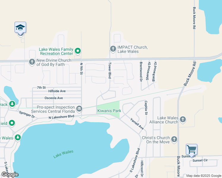 map of restaurants, bars, coffee shops, grocery stores, and more near 1028 Tower Boulevard in Lake Wales