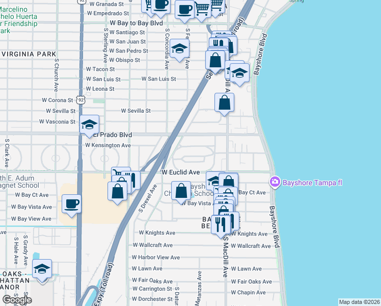 map of restaurants, bars, coffee shops, grocery stores, and more near 3132 West Kensington Avenue in Tampa
