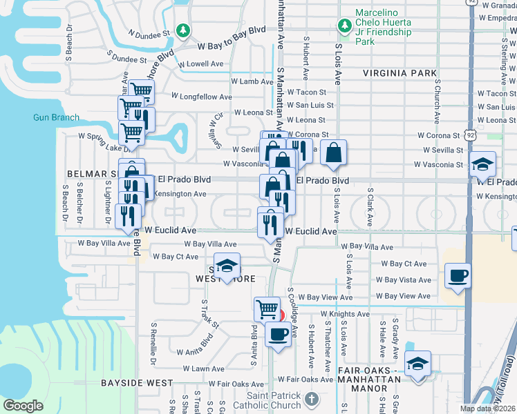 map of restaurants, bars, coffee shops, grocery stores, and more near 3603 East Royal Palm Circle in Tampa