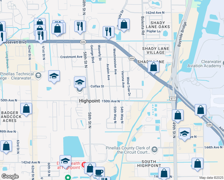 map of restaurants, bars, coffee shops, grocery stores, and more near in Highpoint