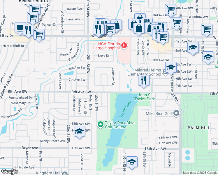 map of restaurants, bars, coffee shops, grocery stores, and more near 1699 Southview Road in Largo