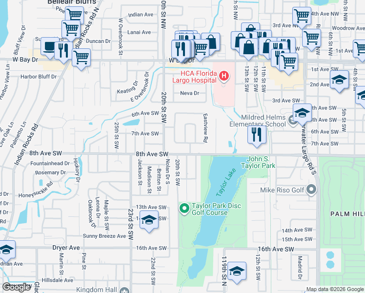 map of restaurants, bars, coffee shops, grocery stores, and more near 1825 Southview Road in Largo