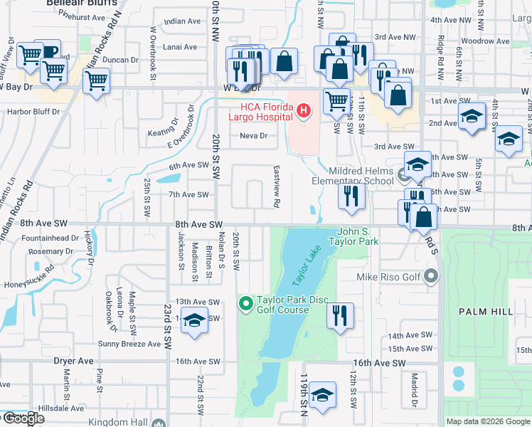 map of restaurants, bars, coffee shops, grocery stores, and more near 1699 Southview Road in Largo