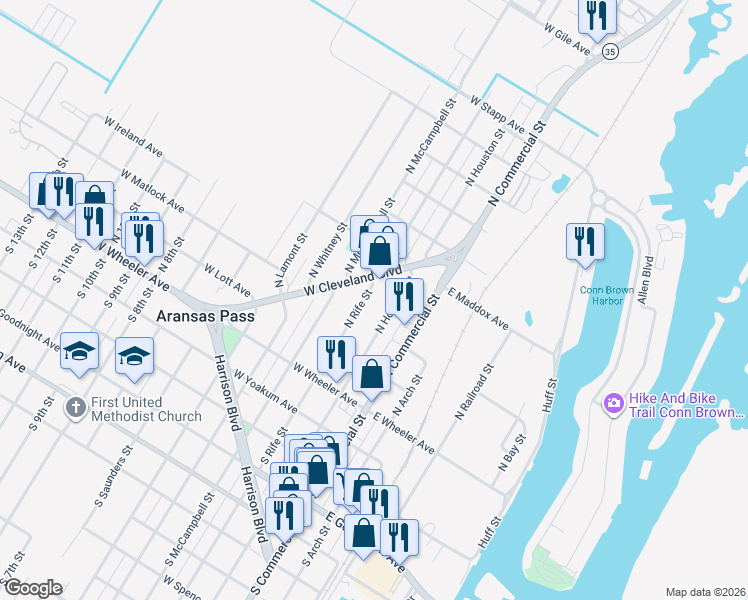 map of restaurants, bars, coffee shops, grocery stores, and more near 235 West Cleveland Boulevard in Aransas Pass
