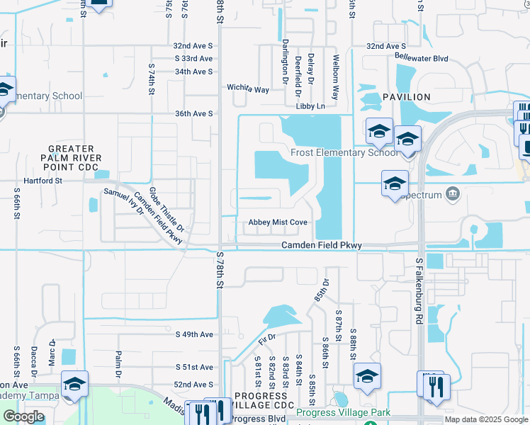 map of restaurants, bars, coffee shops, grocery stores, and more near 8157 Canterbury Lake Boulevard in Tampa