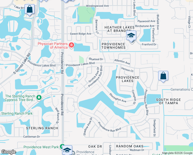 map of restaurants, bars, coffee shops, grocery stores, and more near 1531 Scotch Pine Drive in Brandon