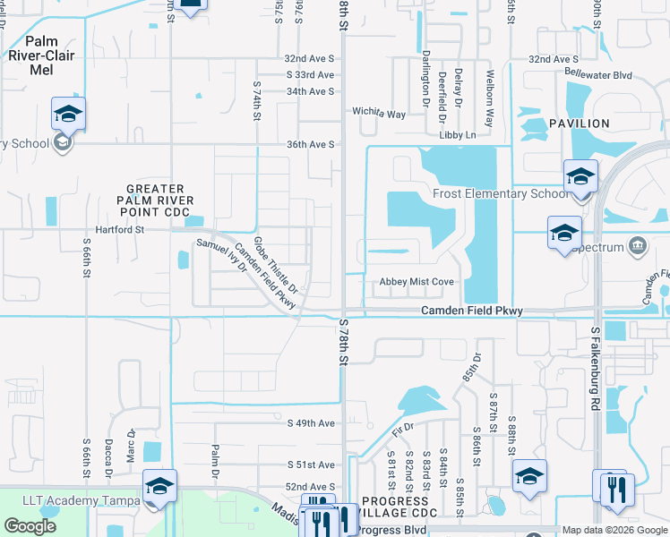 map of restaurants, bars, coffee shops, grocery stores, and more near 4505 Globe Thistle Drive in Tampa
