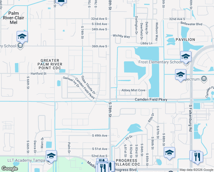 map of restaurants, bars, coffee shops, grocery stores, and more near 4505 Globe Thistle Drive in Tampa