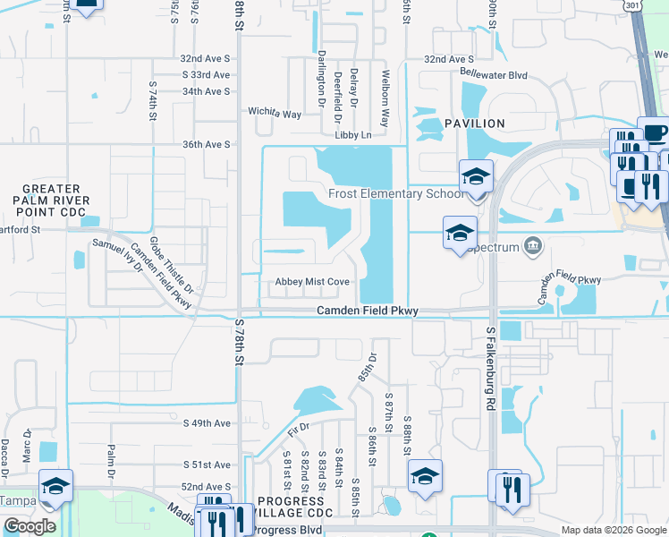 map of restaurants, bars, coffee shops, grocery stores, and more near 8215 Canterbury Lake Boulevard in Tampa