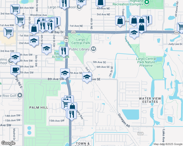 map of restaurants, bars, coffee shops, grocery stores, and more near 609 Century Drive in Largo