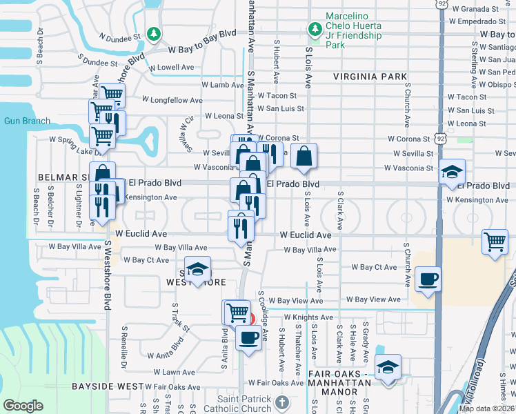 map of restaurants, bars, coffee shops, grocery stores, and more near 3601 South Manhattan Avenue in Tampa