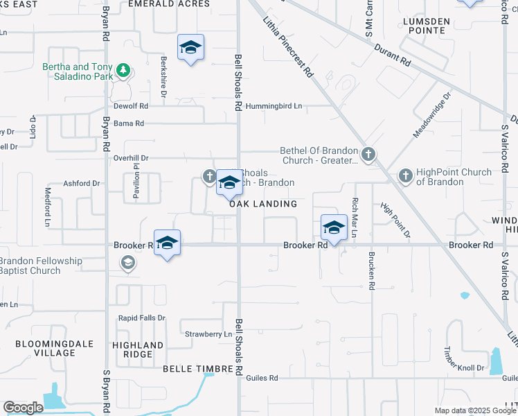 map of restaurants, bars, coffee shops, grocery stores, and more near 2421 Oak Landing Drive in Brandon