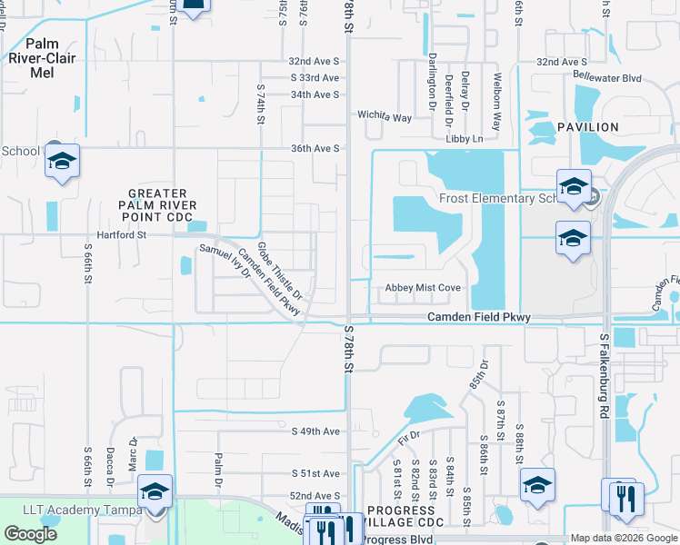 map of restaurants, bars, coffee shops, grocery stores, and more near 4505 Globe Thistle Drive in Tampa