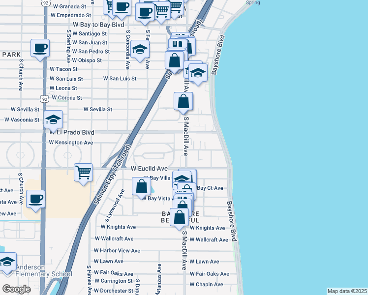 map of restaurants, bars, coffee shops, grocery stores, and more near 3101 West Waverly Avenue in Tampa