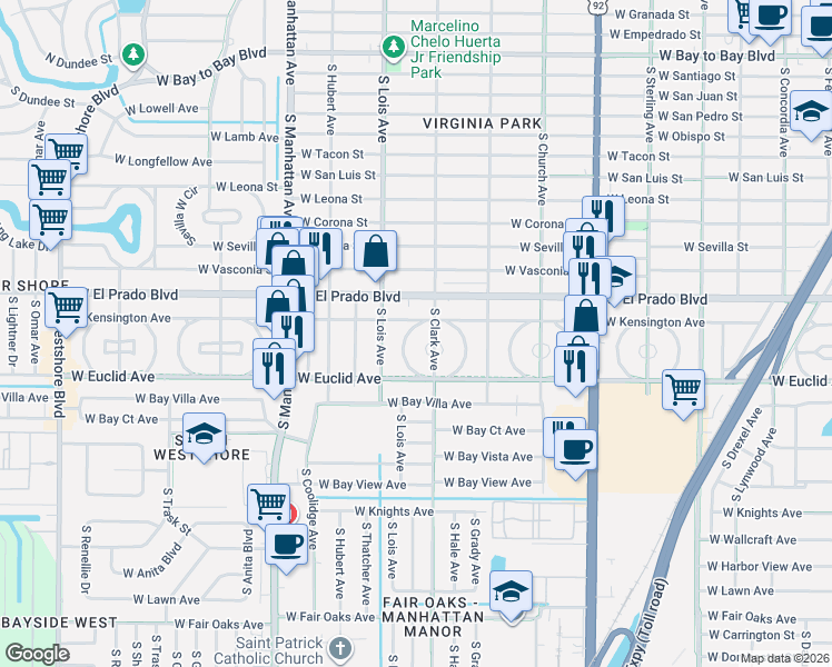 map of restaurants, bars, coffee shops, grocery stores, and more near 3601 West Clark Circle in Tampa