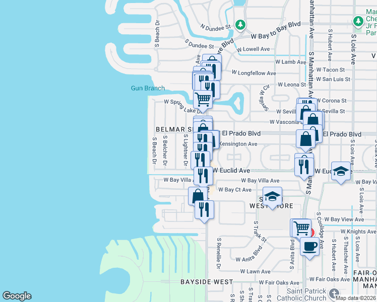 map of restaurants, bars, coffee shops, grocery stores, and more near 3610 South Lightner Drive in Tampa
