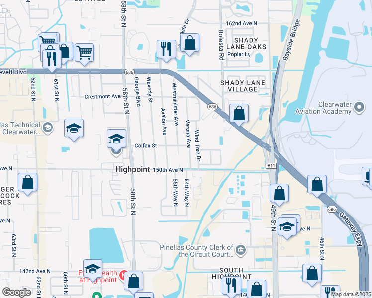map of restaurants, bars, coffee shops, grocery stores, and more near 15197 Westminister Avenue in Clearwater