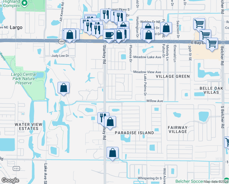 map of restaurants, bars, coffee shops, grocery stores, and more near 601 Starkey Road in Largo