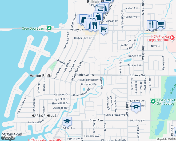 map of restaurants, bars, coffee shops, grocery stores, and more near 704 Citrus Court in Largo