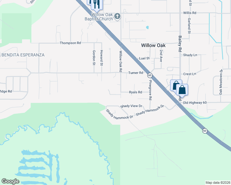 map of restaurants, bars, coffee shops, grocery stores, and more near 2180 Willow Oak Road in Mulberry