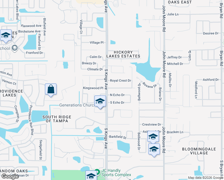map of restaurants, bars, coffee shops, grocery stores, and more near 617 Royal Crest Way in Brandon