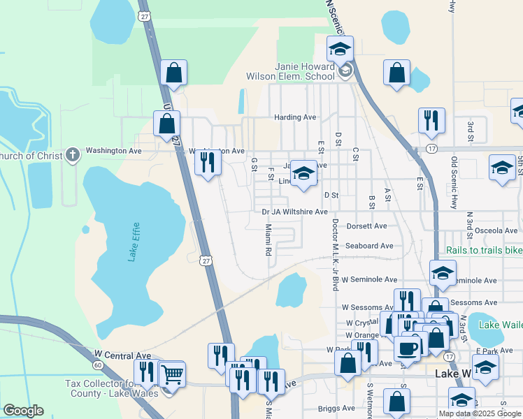 map of restaurants, bars, coffee shops, grocery stores, and more near 642 Doctor JA Wiltshire Avenue in Lake Wales