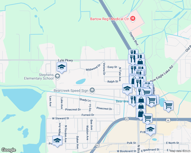 map of restaurants, bars, coffee shops, grocery stores, and more near 815 Wildwood Drive in Bartow