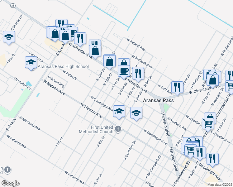 map of restaurants, bars, coffee shops, grocery stores, and more near 234 South 10th Street in Aransas Pass