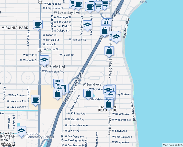 map of restaurants, bars, coffee shops, grocery stores, and more near 3130 West Kensington Avenue in Tampa