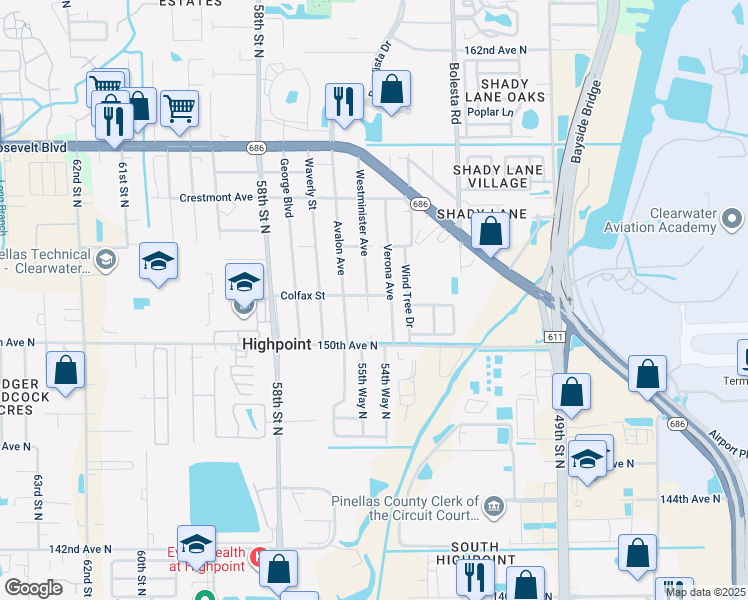 map of restaurants, bars, coffee shops, grocery stores, and more near 15197 Westminister Avenue in Clearwater