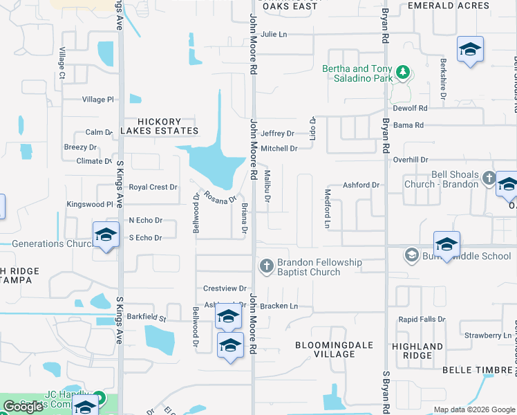 map of restaurants, bars, coffee shops, grocery stores, and more near 2212 John Moore Road in Brandon