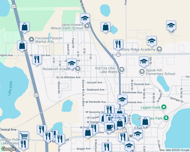 map of restaurants, bars, coffee shops, grocery stores, and more near 115 C Street in Lake Wales
