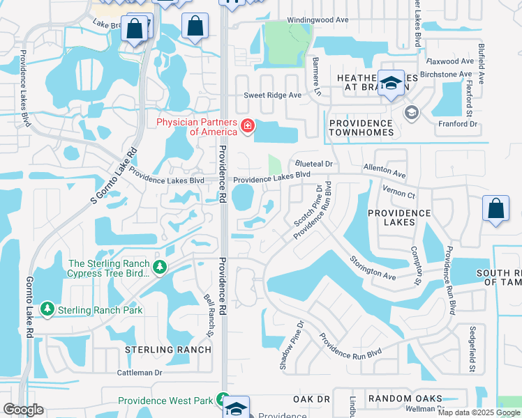 map of restaurants, bars, coffee shops, grocery stores, and more near 1850 Providence Lakes Boulevard in Brandon