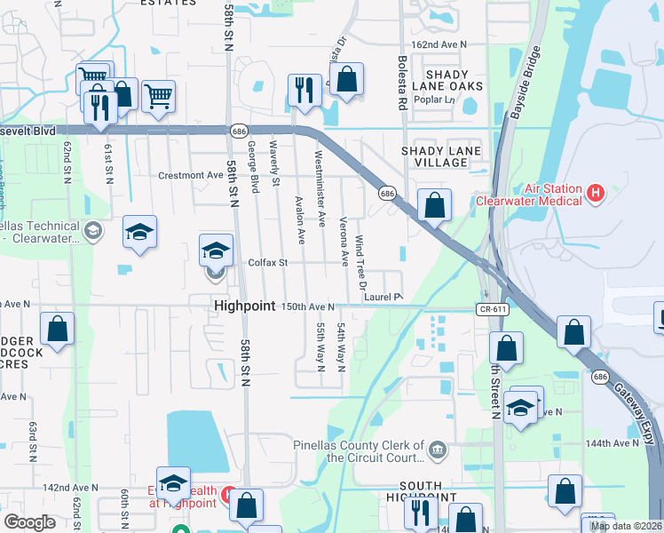 map of restaurants, bars, coffee shops, grocery stores, and more near 15197 Westminister Avenue in Clearwater