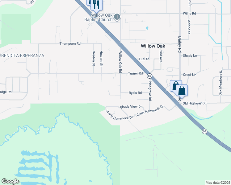 map of restaurants, bars, coffee shops, grocery stores, and more near 2180 Willow Oak Road in Mulberry