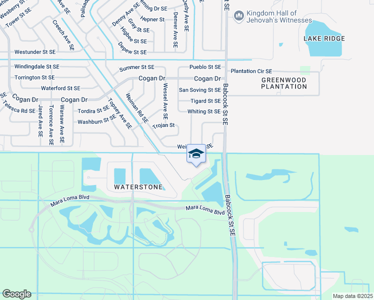 map of restaurants, bars, coffee shops, grocery stores, and more near 1586 Weiman Road Southeast in Palm Bay