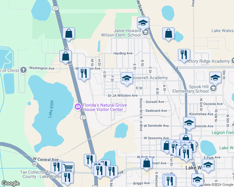 map of restaurants, bars, coffee shops, grocery stores, and more near 610 Doctor JA Wiltshire Avenue in Lake Wales