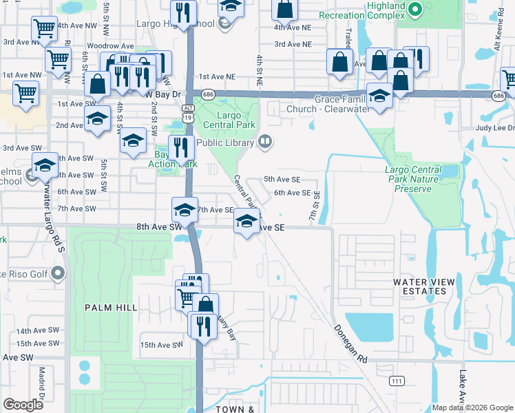 map of restaurants, bars, coffee shops, grocery stores, and more near 605 Century Drive in Largo