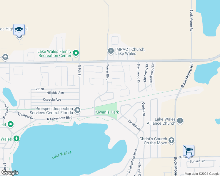 map of restaurants, bars, coffee shops, grocery stores, and more near 1028 Tower Boulevard in Lake Wales