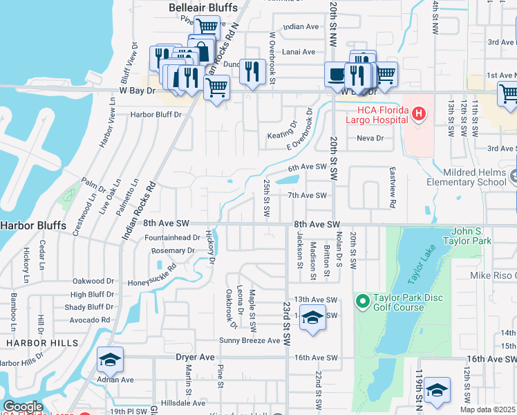 map of restaurants, bars, coffee shops, grocery stores, and more near 711 Crescent Drive in Largo