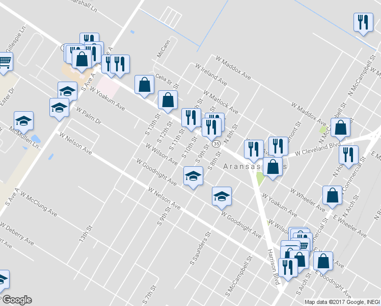 map of restaurants, bars, coffee shops, grocery stores, and more near 1029 West Yoakum Avenue in Aransas Pass