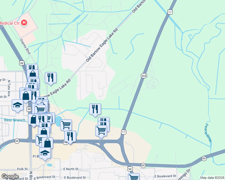 map of restaurants, bars, coffee shops, grocery stores, and more near 1640 Taylor Road in Bartow