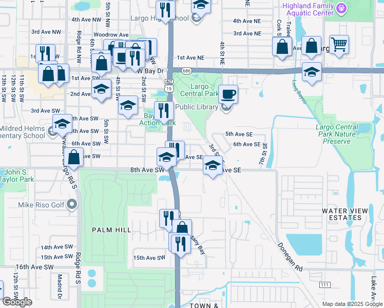 map of restaurants, bars, coffee shops, grocery stores, and more near 102 7th Avenue Southeast in Largo