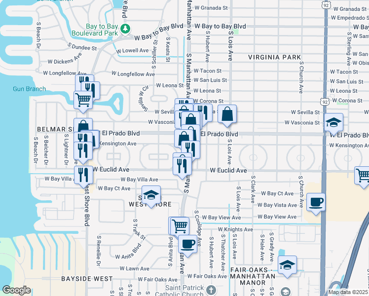 map of restaurants, bars, coffee shops, grocery stores, and more near 3601 South Manhattan Avenue in Tampa