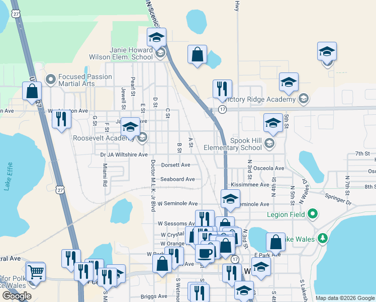 map of restaurants, bars, coffee shops, grocery stores, and more near 107 A Street in Lake Wales